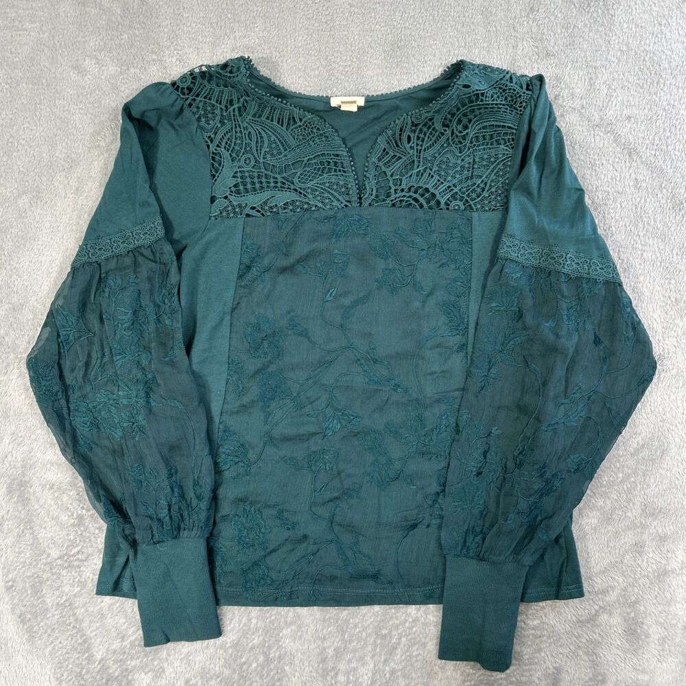 Tiny Anthropologie Lace Embroidered Top Womens Medium Teal Sheer Long Sleeve